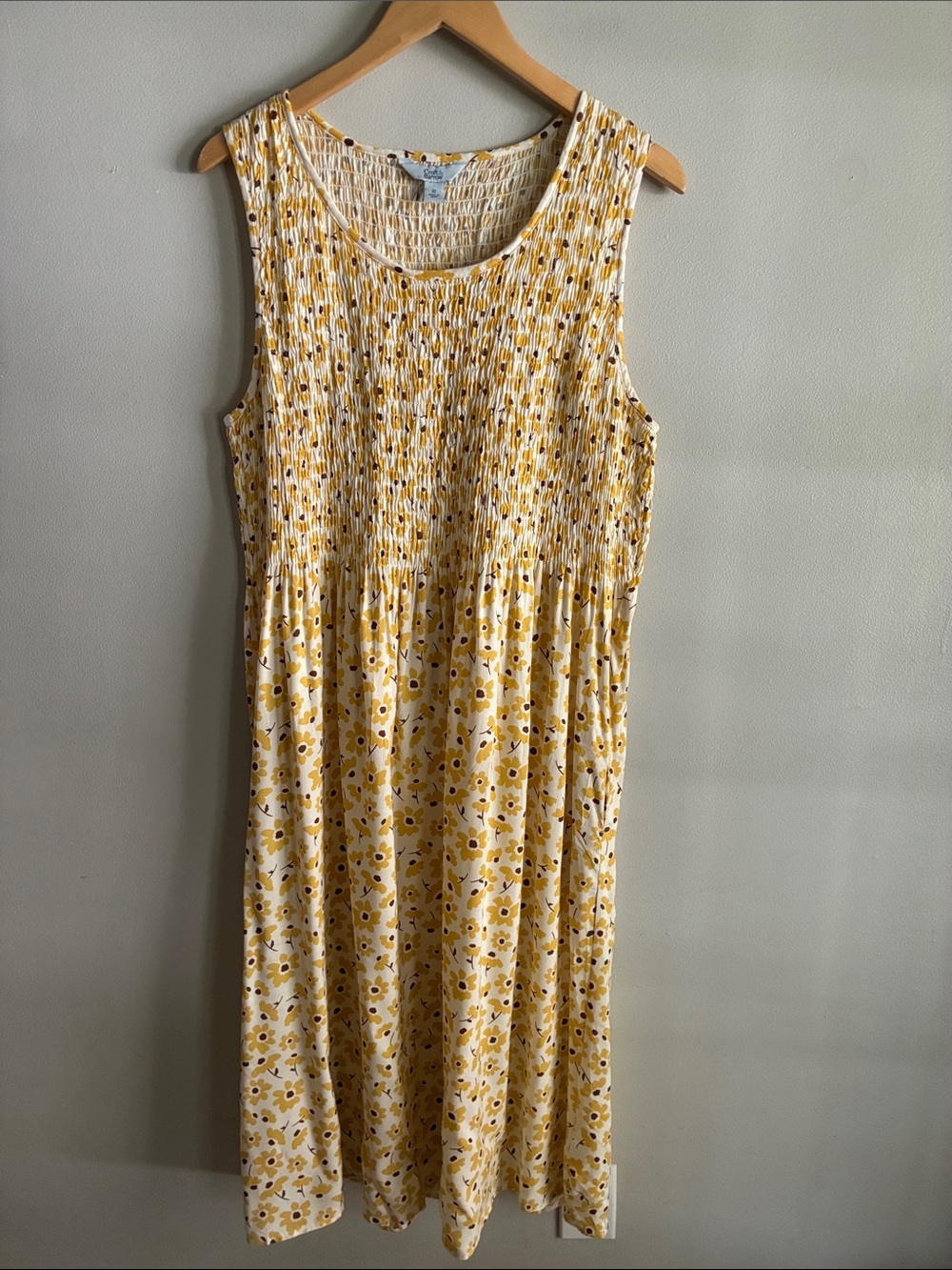 Croft & Barrow XL Floral Smocked Midi Dress Yellow Sleeveless Pockets